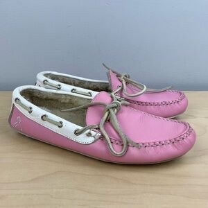 Allen Edmonds Women’s Size 7.5 Leather Driving Loafers Pink & White Lined